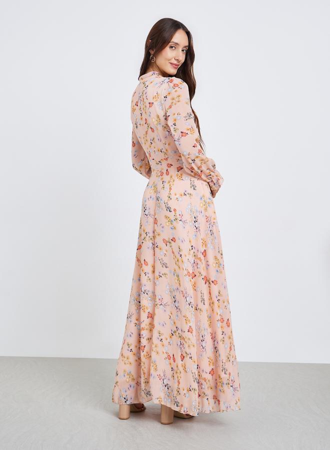 تايك تو فستان ماكسي نسائي بطبعة زهور وربطة عنق وأساور مطاطية - Image 5